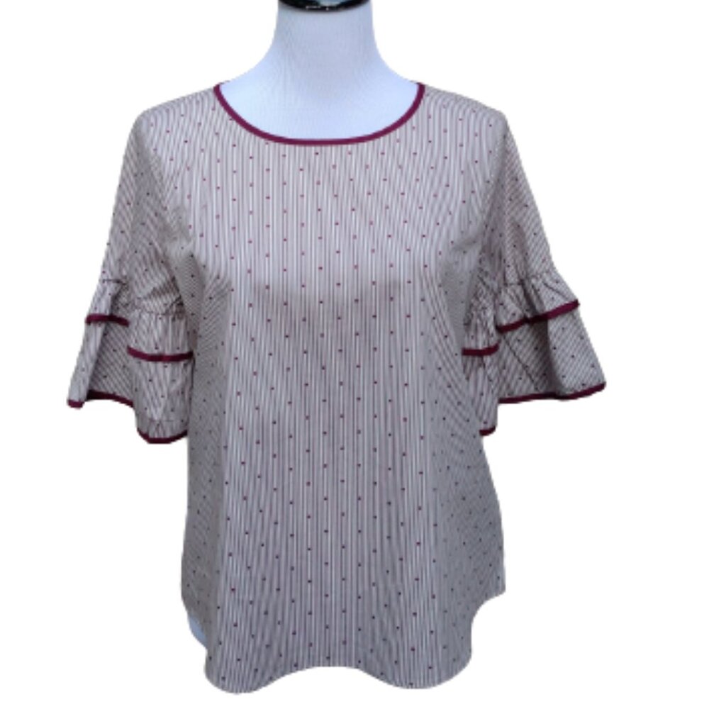 Mine Structured Blouse Burgundy Striped Polka-Dots Flare Short Sleeves Cotton